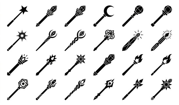 Collection of black silhouette magic wands and staffs with unique embellishments