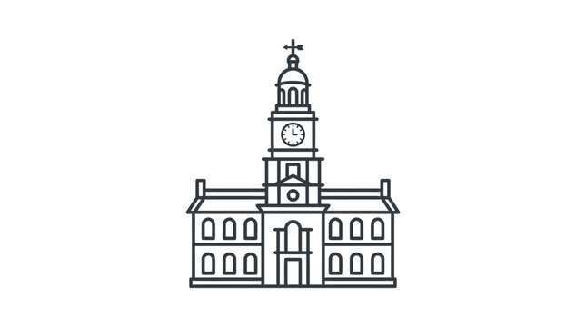 Minimalist line art illustration of a classic town hall building with a clock tower.