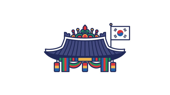 A colorful illustration of a traditional Korean palace building with the national flag.