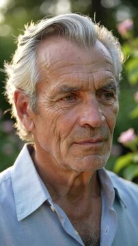 Mature man in light blue shirt looking away outdoors close up with shallow depth of field