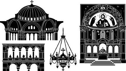 Byzantine Church Cathedral Interior Black Silhouette Vector Landmark Illustration Clipart © MinhajulIslam