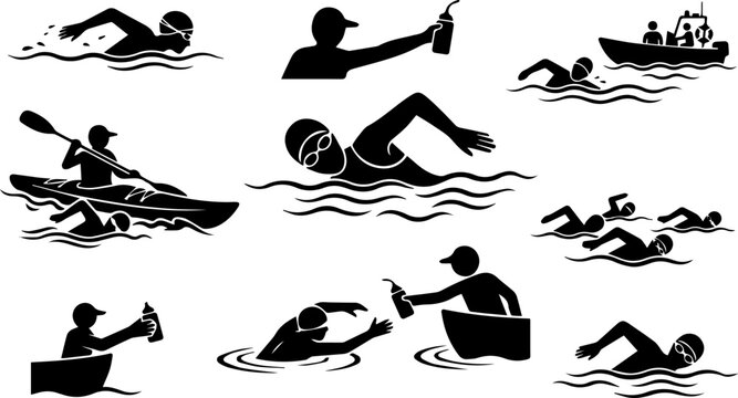 Swimming Sport Water Activity Black Silhouette Set Vector Olympic Illustration Clipart