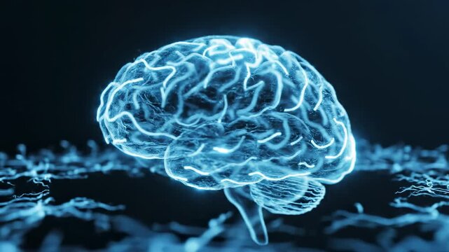 Luminous futuristic glowing neon brain rendered in vibrant electric blue light creating intricate neural pathways above a dynamic swirling abstract pattern of energy creating a captivating