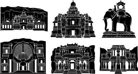 Indian Temple Hindu Architecture Black Silhouette Vector Landmark Illustration Cultural Clipart © MinhajulIslam