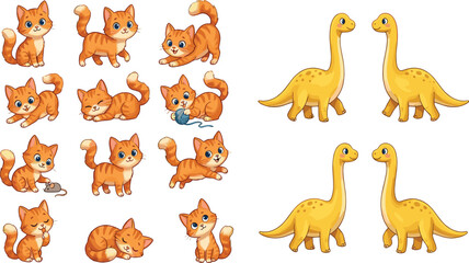 Obraz premium Cute Cartoon Kitten and Dinosaur Set – Adorable Orange Cat and Brachiosaurus Characters Collection