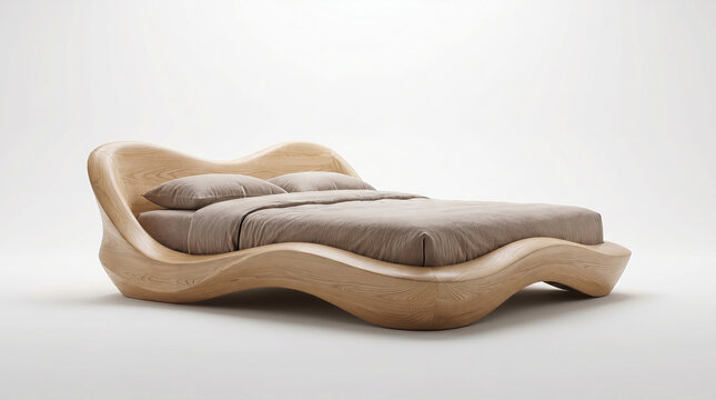 Modern wave shaped wooden bed with beige bedding and pillows on white background new trending high quality furniture