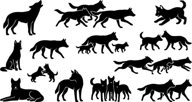Wolf Pack Wildlife Animal Black Silhouette Set Vector Nature Predator Illustration Clipart