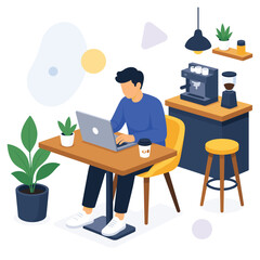 Fototapeta premium Young Man Working on Laptop at Wooden Desk Surrounded by Plants in Cozy Coffee Shop Atmosphere