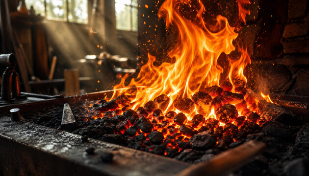 Bright flames and glowing coals in a blacksmith shop