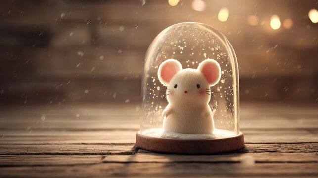 Cute Mouse Figurine Inside Glass Dome with Snow and Warm Ambient Light in Cozy Setting