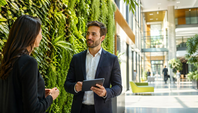 Business professionals discussing ideas in modern office environment