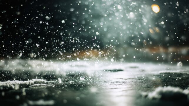 Snowfall in Urban Environment at Night with Bokeh Lights and Soft Focus on Snowflakes Falling Downward