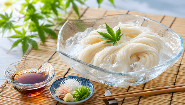 氷で冷やした涼やかなそうめんと薬味の夏の食卓