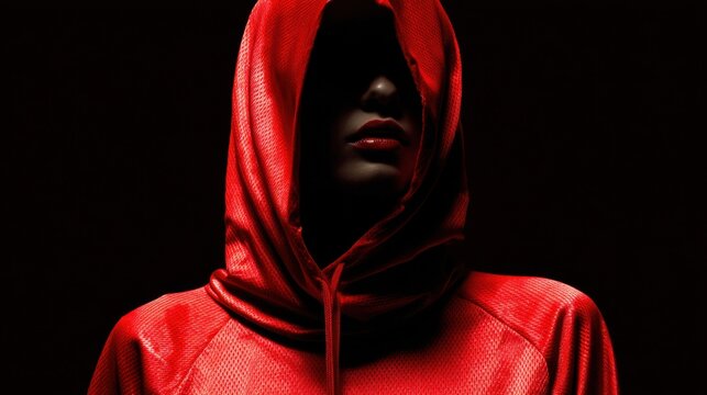 Mysterious Figure in Red Hoodie with Shadowy Background and Concealed Face Evoking Intrigue and Enigma