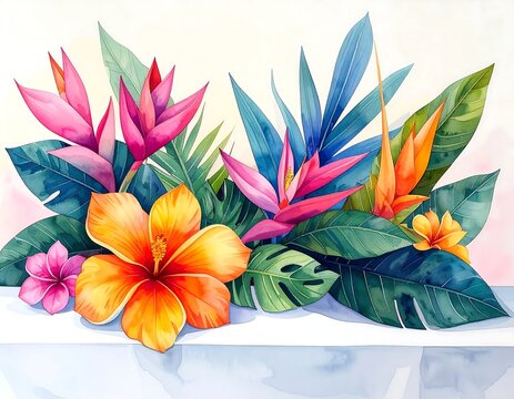 Vibrant Tropical Flowers Arranged with Lush Green Leaves on White Background