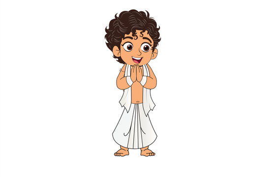 Cute Brahmin Boy Namaste Vector - Indian Kid Dhoti Pooja Festival Cartoon