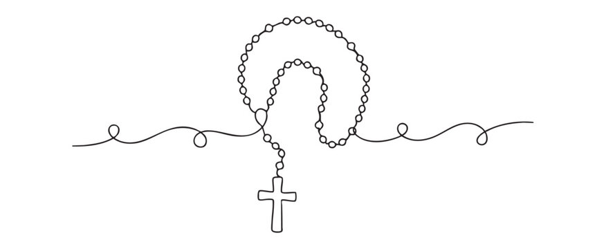 Continuous one line art of a holy rosary with cross vector illustration, minimalist style design for Christian faith and spirituality prayer concept on white background