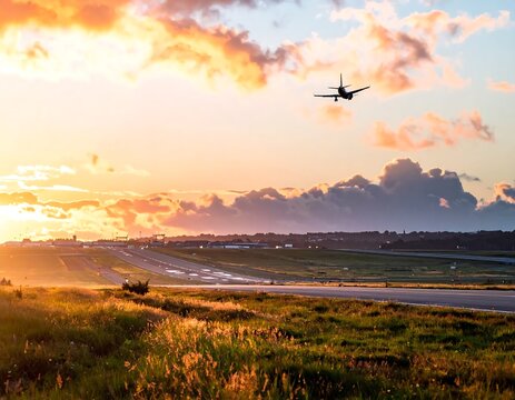 Passenger Airplane Approaching Runway at Dramatic Sunset Over Grassy Airport Landscape