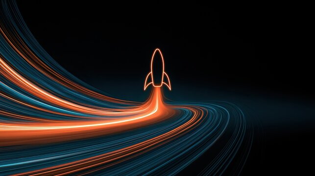Neon rocket silhouette ascends through vibrant streaks of orange and teal light