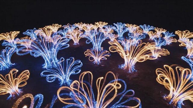 Ethereal Cobalt and Goldenrod Streaks Create Abstract Floral Sculptures Illuminated at Night