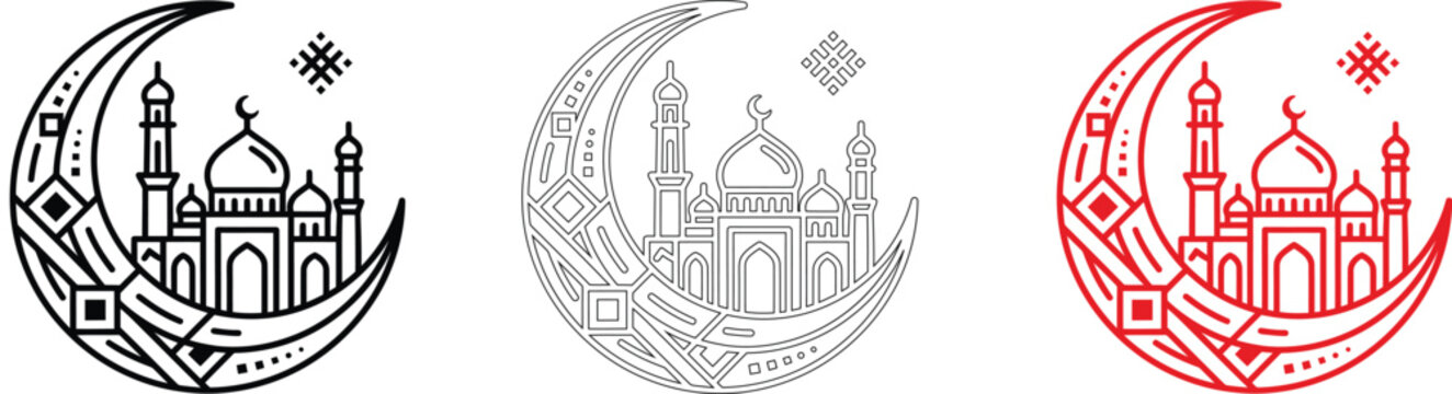 Decorative Islamic mosque with crescent moon line art vector set