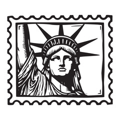 Obraz premium Statue of Liberty postage stamp illustration in patriotic New York linocut woodcut style