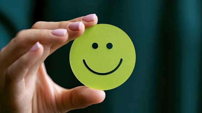 A hand holds a bright green smiley face cutout, symbolizing happiness