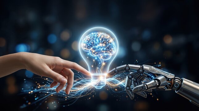 Merging human intelligence and ai technology in a futuristic setting digital art concept