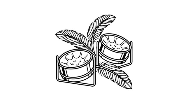 Line art illustration of two steel pan drums decorated with tropical palm leaves.