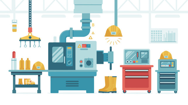 A central CNC machining unit features a hanging overhead crane and a nearby workbench with safety gear in a bright, organized industrial workshop with soft ambient lighting.