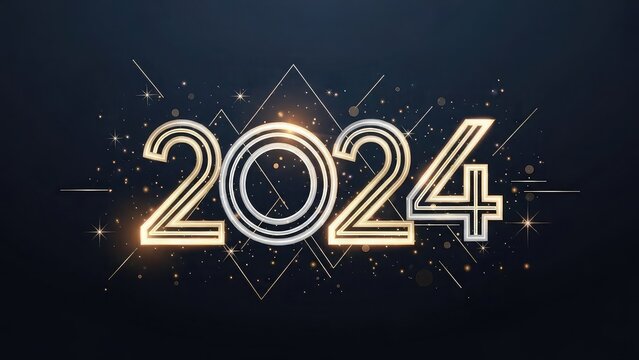 Glowing gold 2024 new year celebration background with sparkling stars and lines on dark blue with festive and happy new year and nyd and year 2024