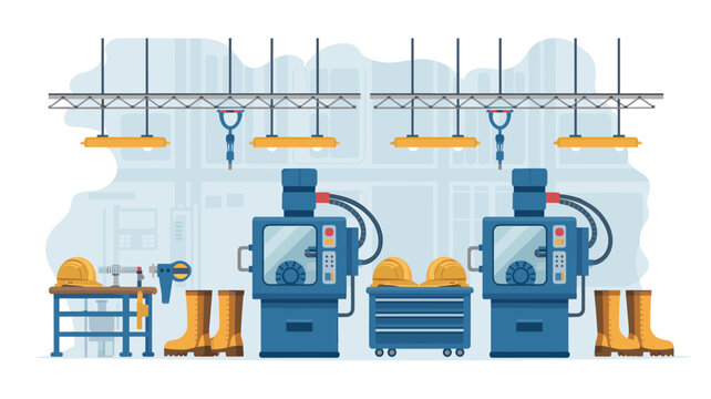 Dual industrial machinery units stand alongside yellow safety helmets and work boots on a clean workbench within a spacious, well-lit manufacturing facility with soft lighting.