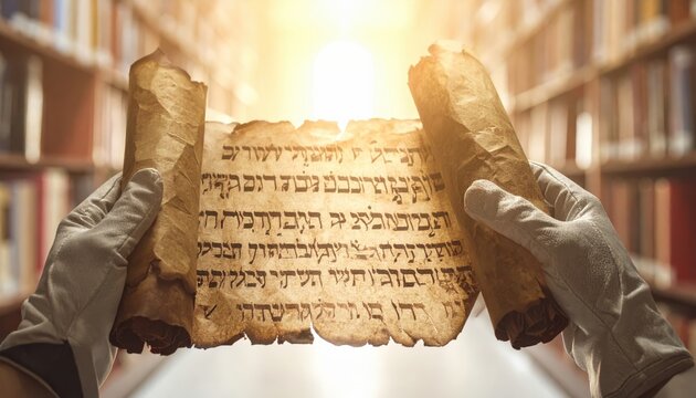 Hands in gloves carefully unroll a tattered ancient Hebrew Torah scroll revealing sacred text bathed in warm sunlight