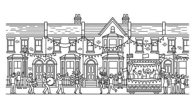 A lively street parade celebration featuring musicians and dancers in front of houses.