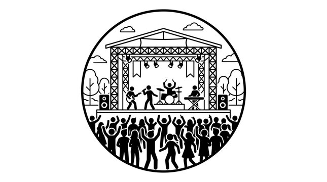 A black and white line art illustration of a live music concert performance.