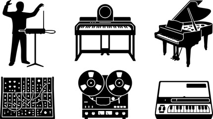 Piano Music Studio Equipment Black Silhouette Vector Instrument Illustration Clipart Set © MinhajulIslam
