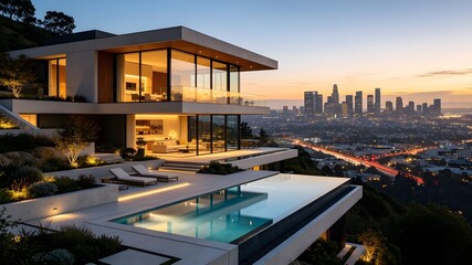Fototapeta premium Luxury mansion perched on a hillside featuring breathtaking city views, infinity pool, and sophisticated contemporary architecture.