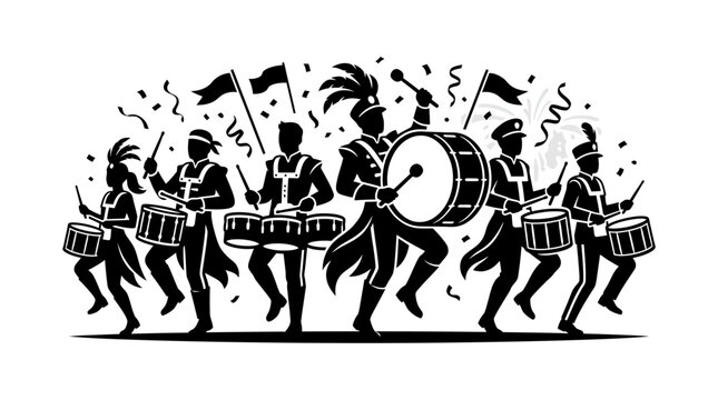A black and white silhouette illustration of a marching band performing with drums and flags.