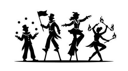 A black silhouette illustration featuring a group of circus performers including a juggler and stilt walkers. © Misha_Naila