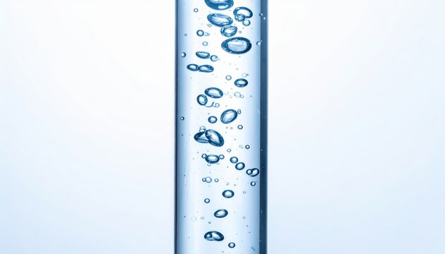 Oxygen gas bubbles gracefully rising through clear liquid in a tall slender glass vessel