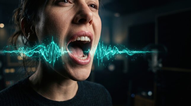 Powerful vocal performance in a recording studio audio visual content creative environment