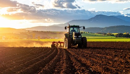 Obraz premium Tractor Plowing Rich Dark Soil in a Scenic Rural Landscape During Golden Hour