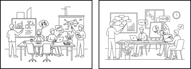 Obraz premium Modern Business Team Collaboration Line Art Vector Illustration with Meeting