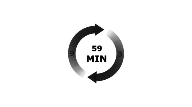 Circular timer with fifty nine minutes text and black arrows on a white background for countdown and time management tracking concepts
