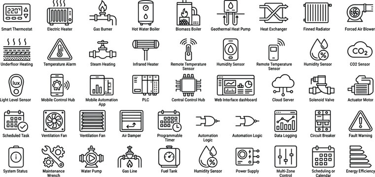 Smart Greenhouse Automation Climate Control Line Icons Featuring Sensors Controllers Monitoring and Energy Management Systems