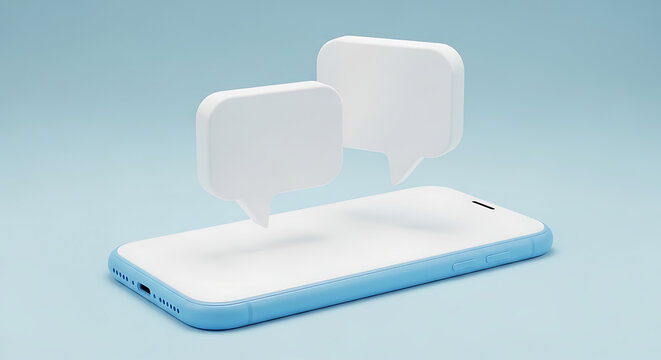 Abstract smartphone with floating white speech bubbles for messaging and communication smartphone communication dialogue technology connection minimalist floating notification interface