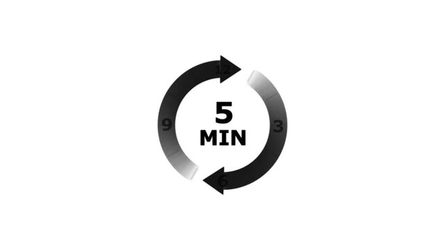 Five minute timer with circular arrow and numbers twelve three six nine on a white background for time management and countdown concepts