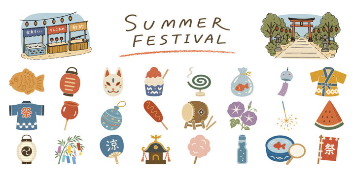 夏祭りのアイコンセットと縁日風景／Summer Festival Icons, Japanese Festival, Traditional Event