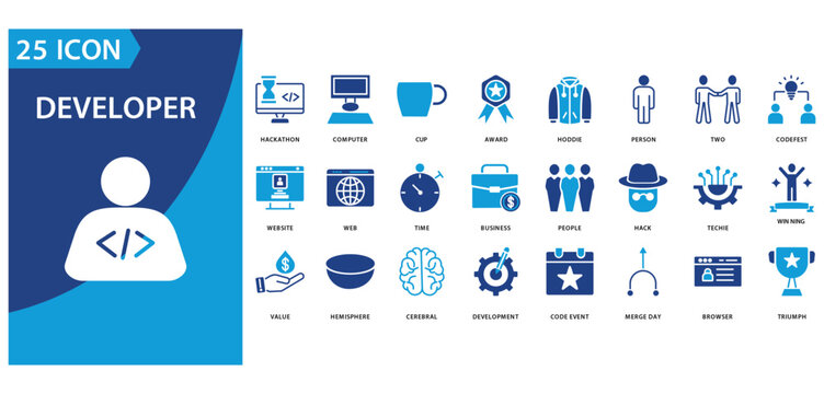 developer icon set of hackathon, computer, cup, award, hoodie, person, two, code fest, website, web, time, business, people, hack, techie, developer, winning, value, hemisphere, cerebral, development,