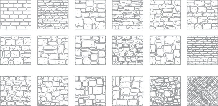 Set of various stone masonry and brick wall texture patterns with seamless background architecture construction building exterior backdrop monochrome geometric structure decorative pavement